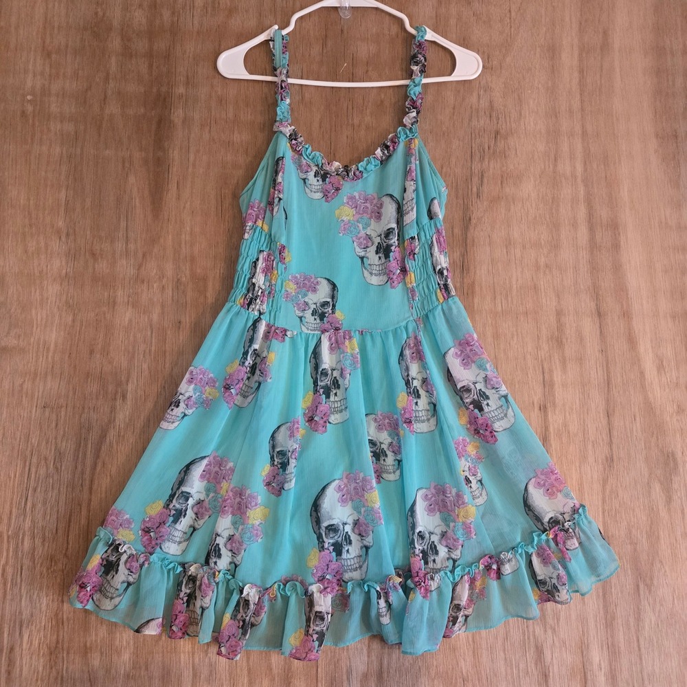 Whimsigoth Aqua Floral Skull Ruffle Dress L Mint Chiffon Goth Royal Bones